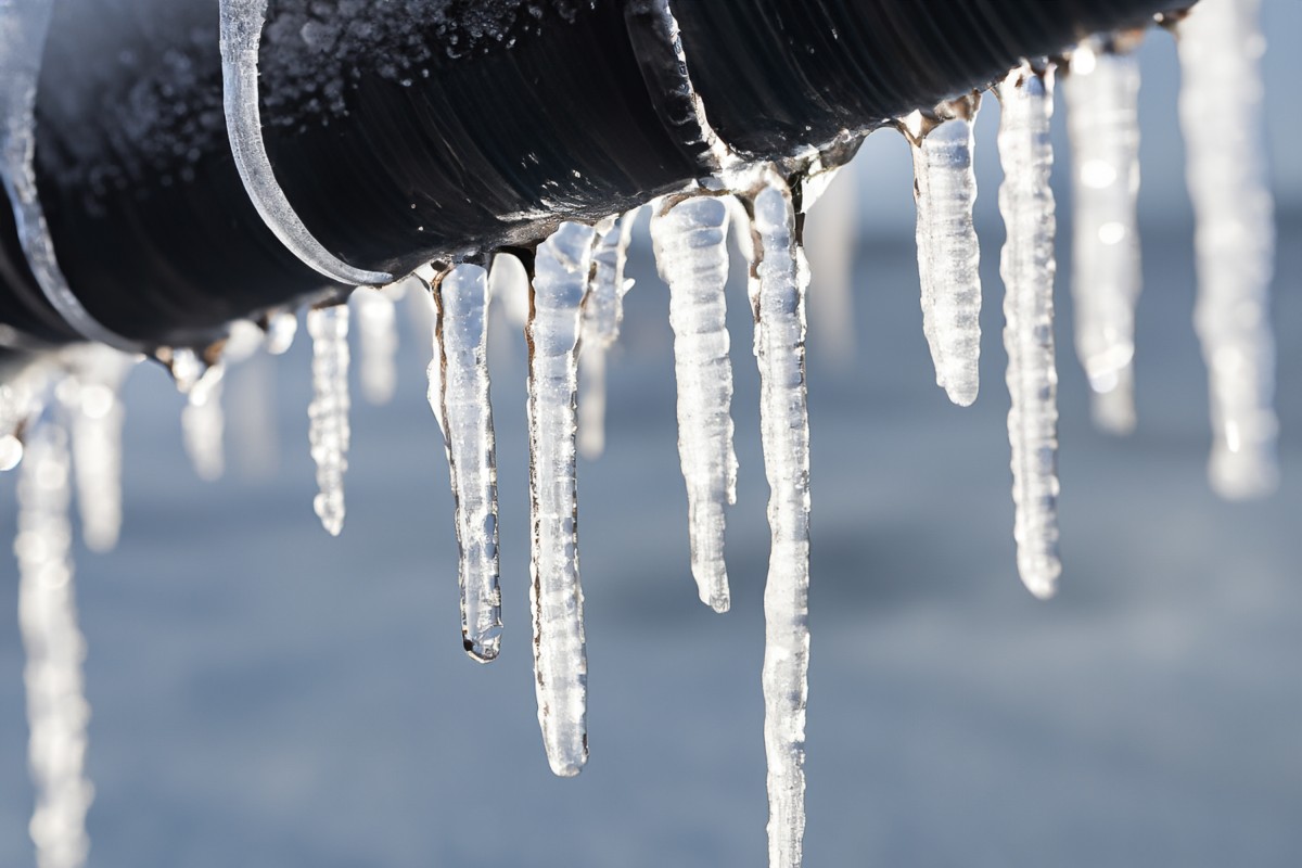 Frozen outdoor water pipe with long icicles hanging down, indicating extreme winter conditions.