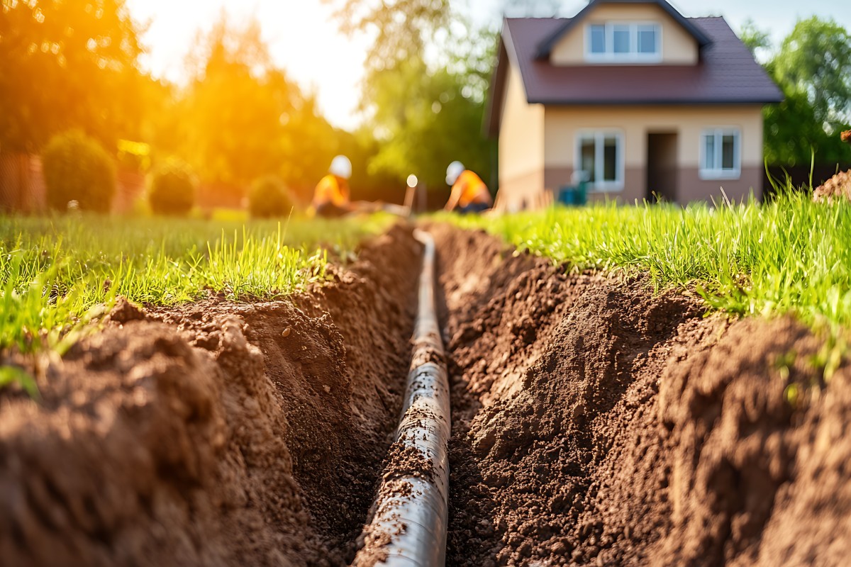 New underground water service pipe being installed in a trench near a residential home.
