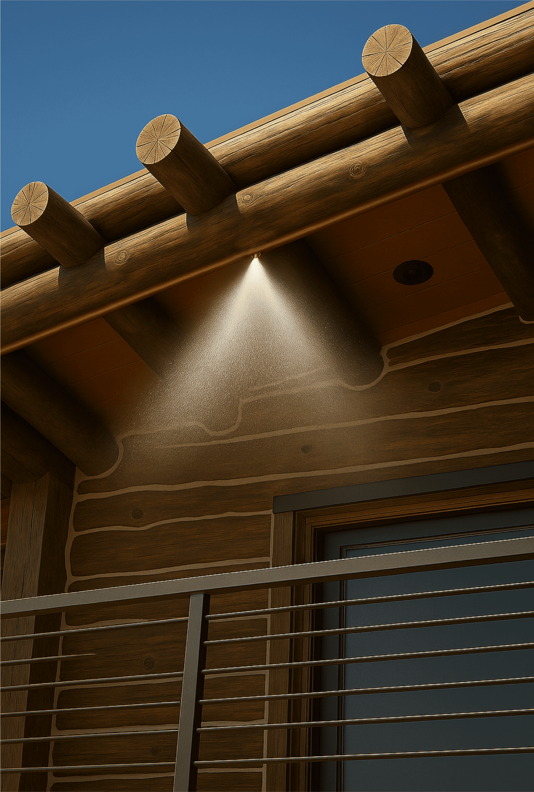 Close-up of an exterior fire sprinkler spraying water from the edge of a wooden roof.