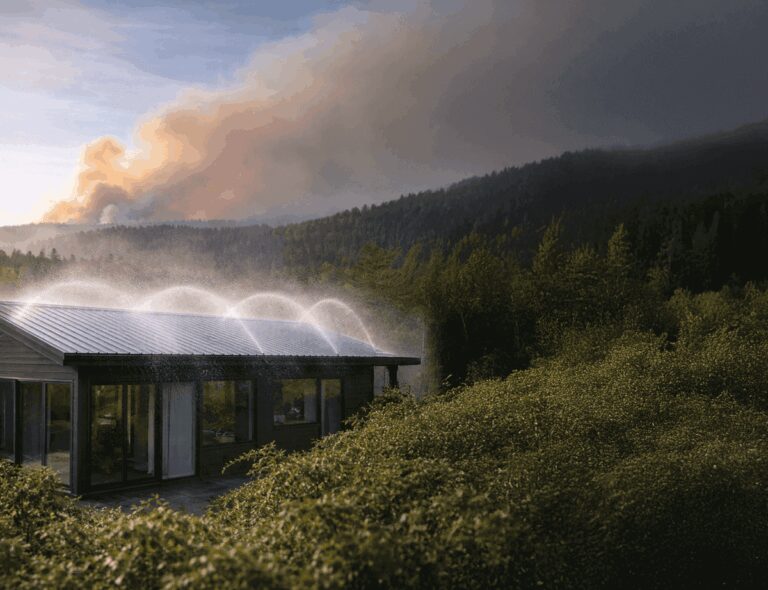 Exterior Fire Sprinkler Spraying Roof