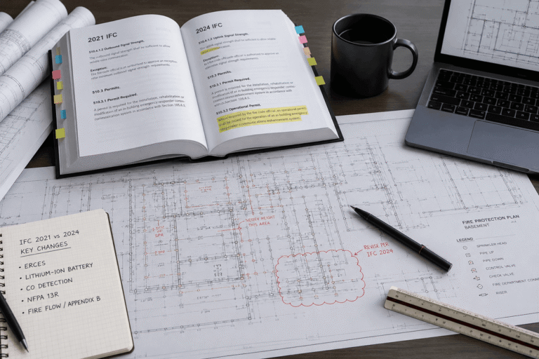 Engineering desk with fire protection drawings, code references, and marked-up plans illustrating a comparison of IFC 2021 and IFC 2024 code requirements.