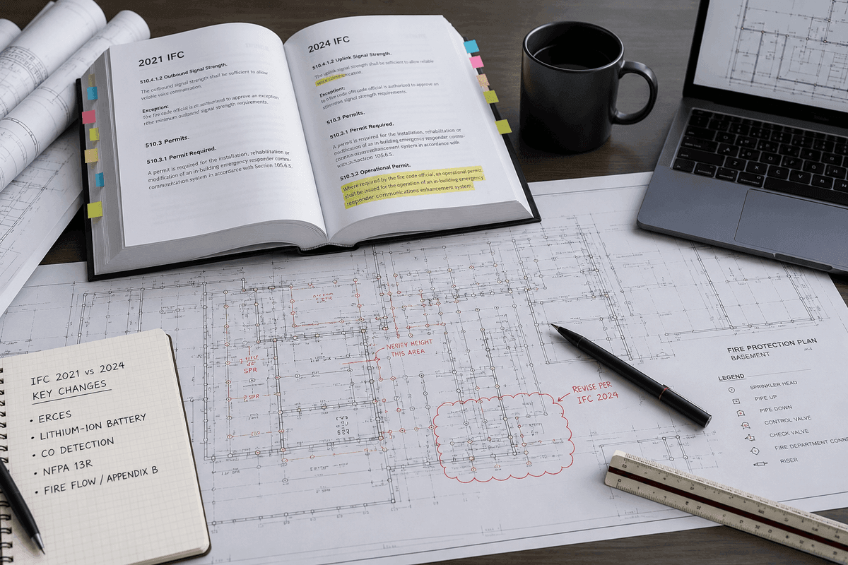 Engineering desk with fire protection drawings, code references, and marked-up plans illustrating a comparison of IFC 2021 and IFC 2024 code requirements.